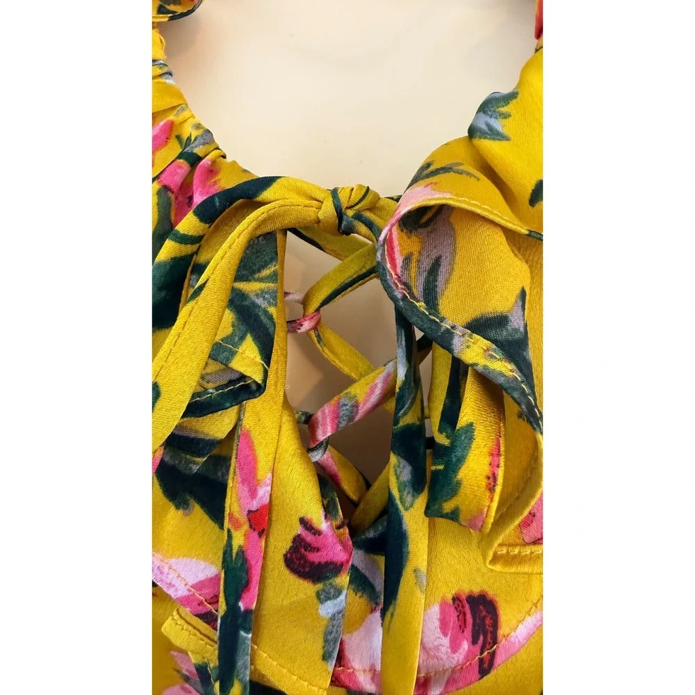 Avec Les Filles Mustard Floral Ruffle Tiered Mini Dress Cottagecore Coquette 6 - Picture 7 of 9
